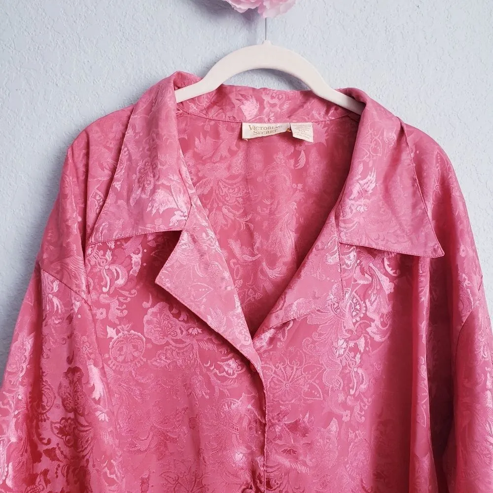 VINTAGE Gold Label Victoria's Secret Pink Satin Buttondown Sleep Shirt - Image 4