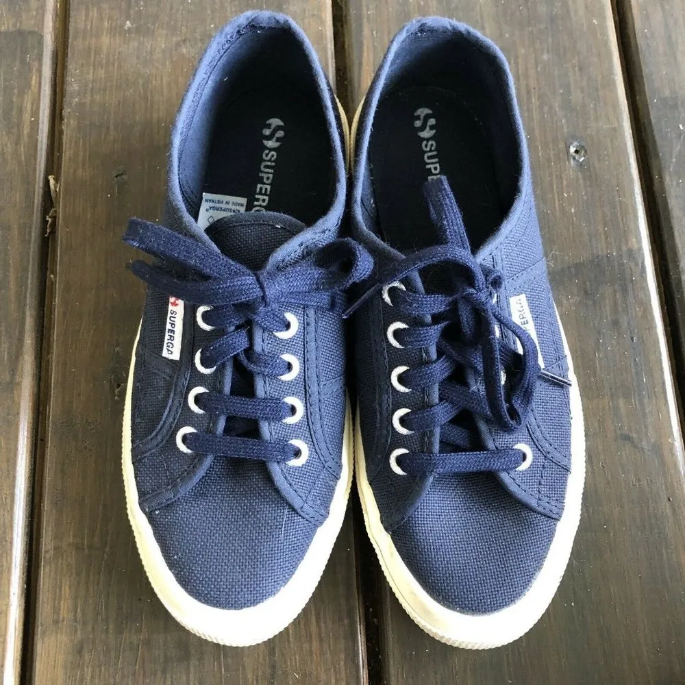 Superga Cotu Classic Navy Blue Beige Lace Up Sneakers Canvas Size EU 37.5 US 7 - Image 4
