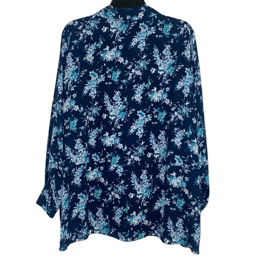 Joan Rivers Women’s Size 1X Blue Floral Polyester Button Up Long Sleeve Blouse - Image 2