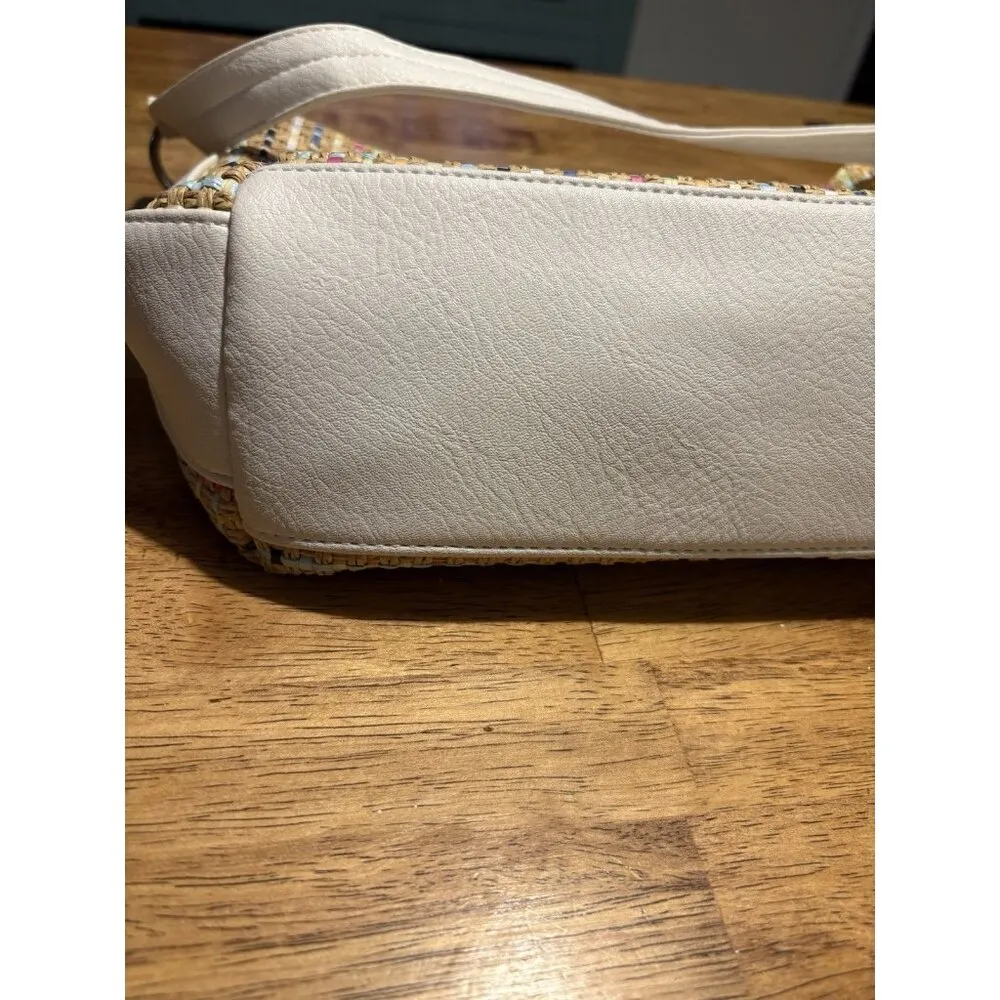 STONE & CO. Shoulder Bag White Faux Leather Multicolor Woven Straw Purse Boho - Image 5