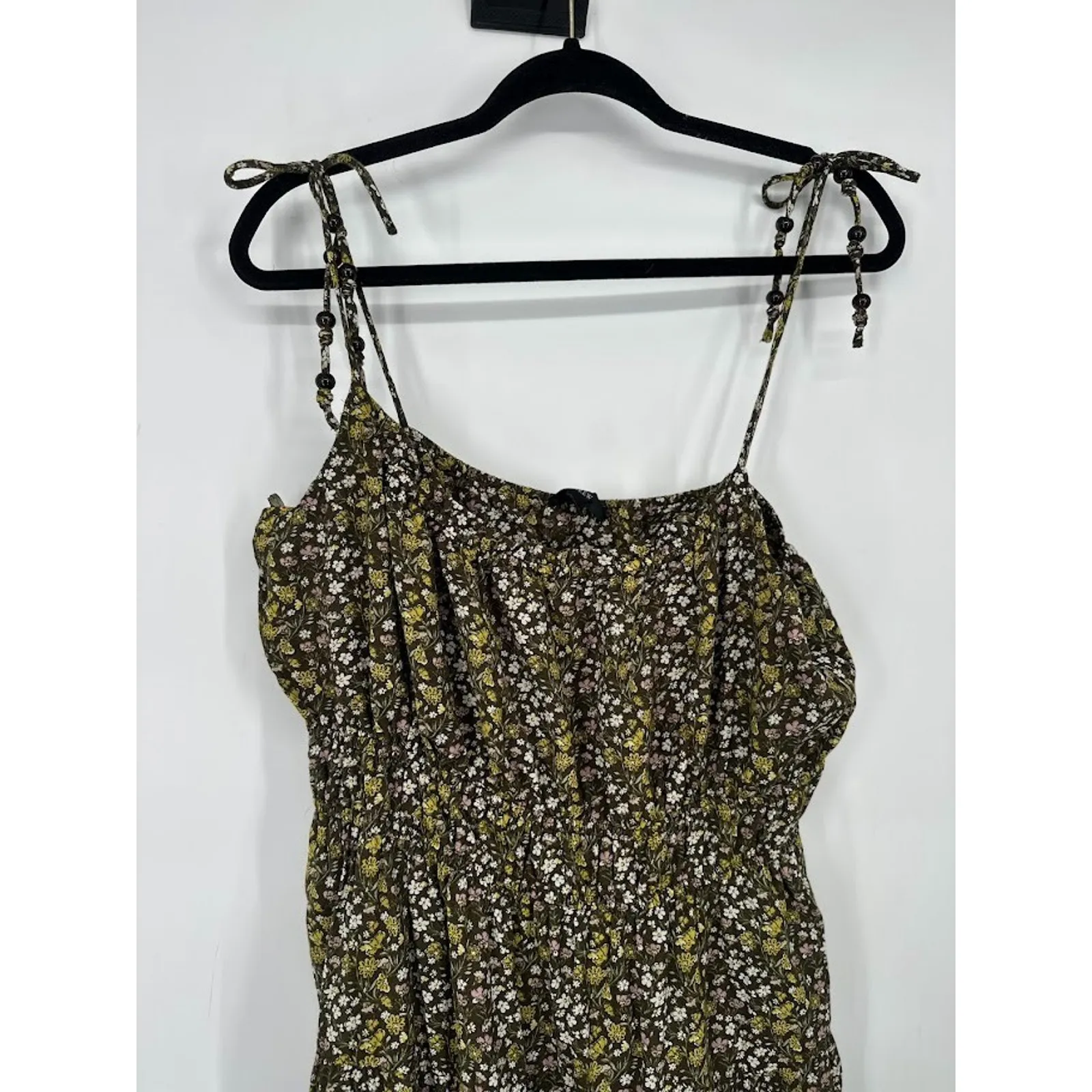 J.Crew Beaded Tie Shoulder Maxi Tiered Dress Size Large Tall Green Ditsy Floral - Image 4