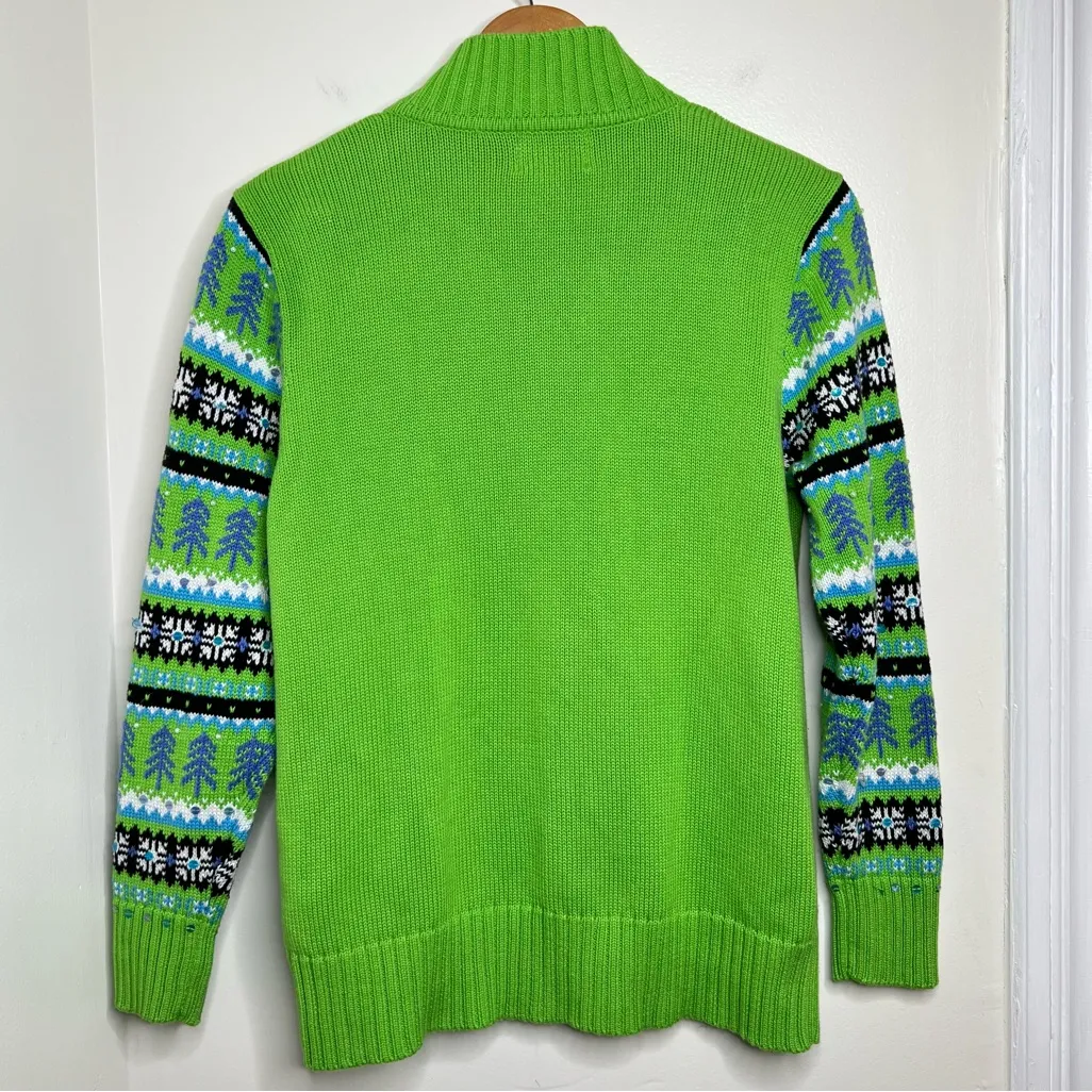 VTG Quacker Factory Zip Up Sweater Woman’s Size Medium Bright Green Snowflake - Image 4