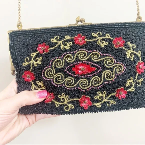 Monya Floral Beaded Black/Red/Gold Clutch - Image 2