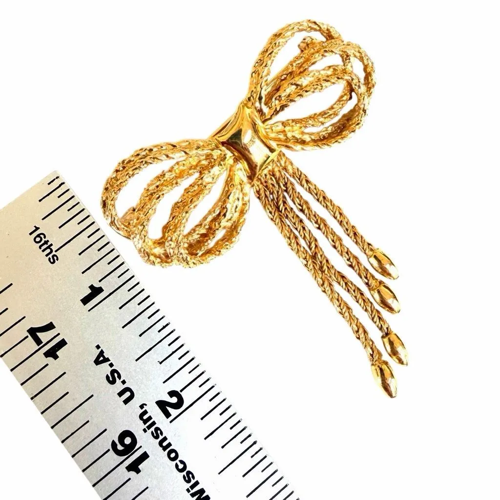 Vintage Gold Tone Rope Bow Tassel Brooch - Image 7