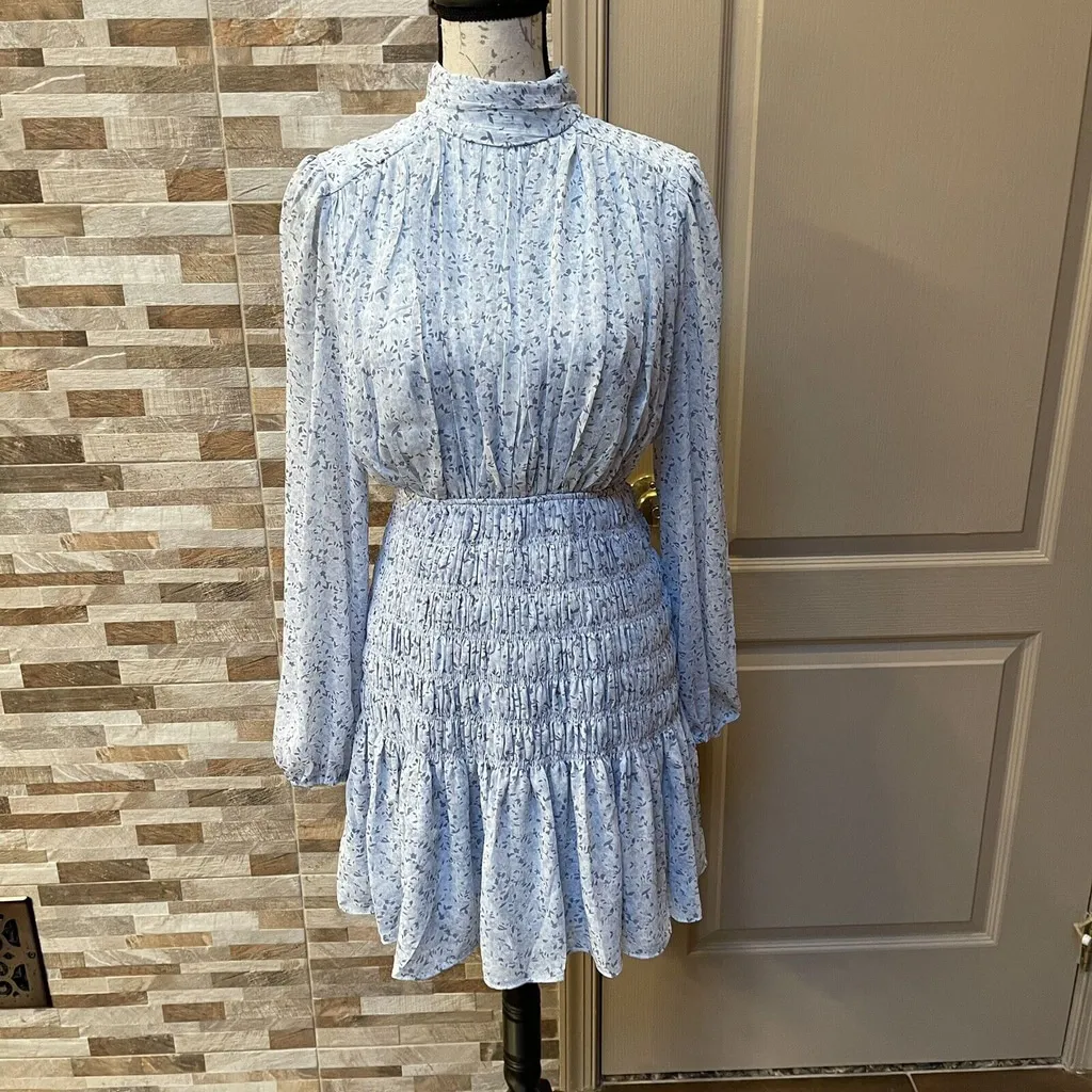 House Of Harlow 1960 x REVOLVE Blue Smocked Mini Ruffled Floral Dress Size M - Image 2