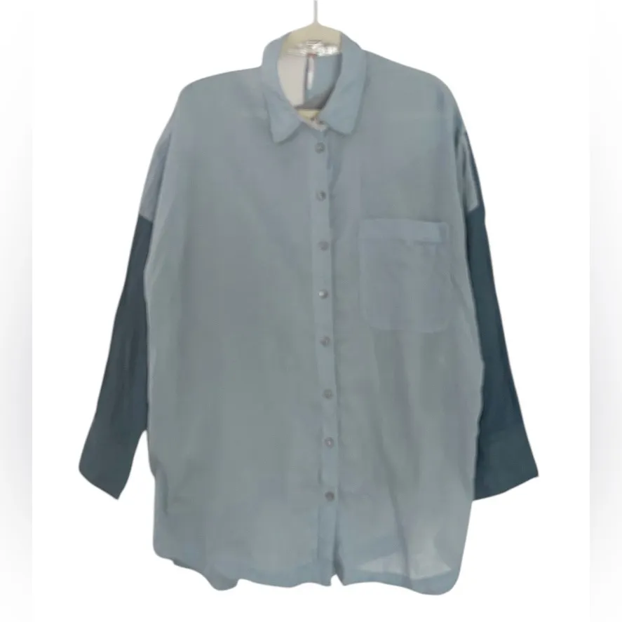 Free People Rainbow Rays Button Down Tunic Top in Blue Combo Size Medium - Image 4