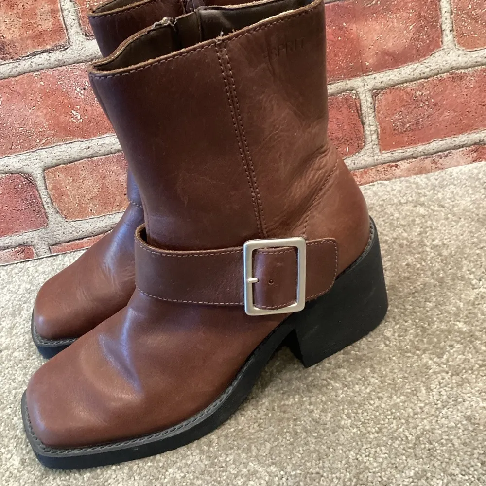 Esprit Big Rig Womens vintage chunky brown leather Moto boots size 7.5 - Image 3