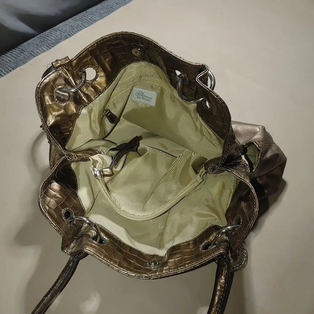 Gemma DeRossi Gold Metallic Studded Faux Leather Tote Bag Croc Emboss Trim Charm - Image 4