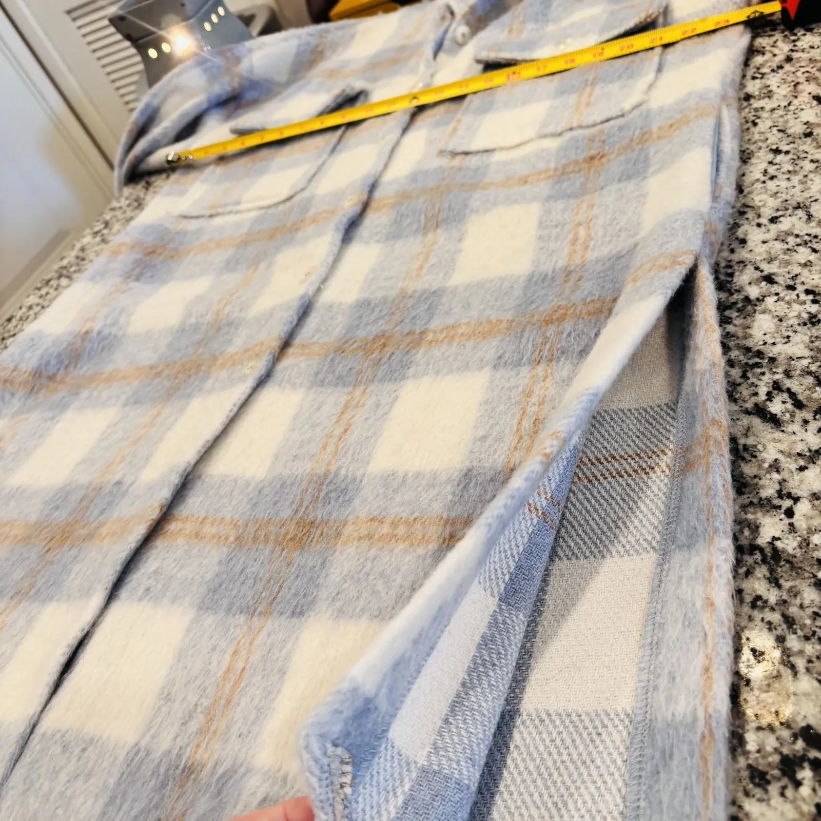 ACOA Plaid Shacket Blue Beige Fuzzy Button Front Chest Pockets Jacket Size S/M Size M - Image 12