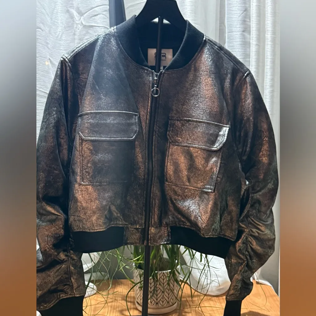 Robert Rodriquez Glossy Black Silver Bomber Jacket, Size L, NWOT - Image 2