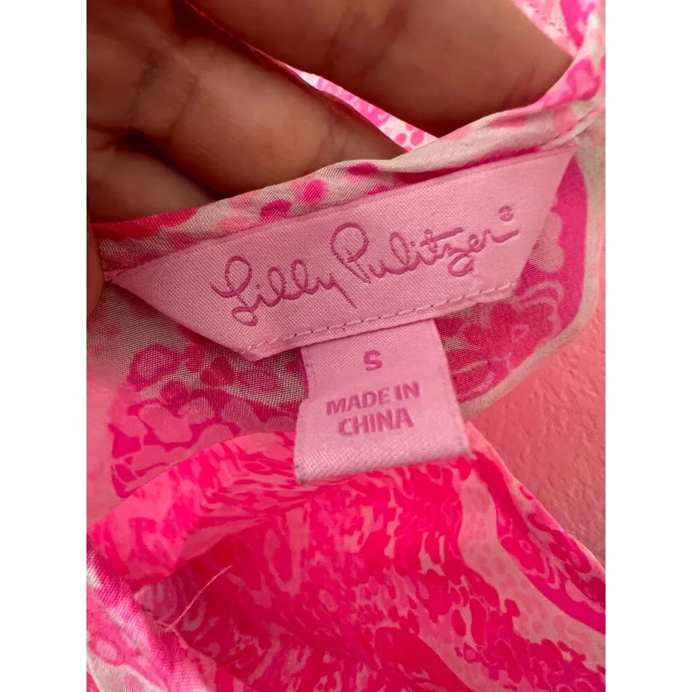 Lilly Pulitzer Pink Printed 100% Silk Sleeveless Scoop Neck Tank Top Size Small - Image 8