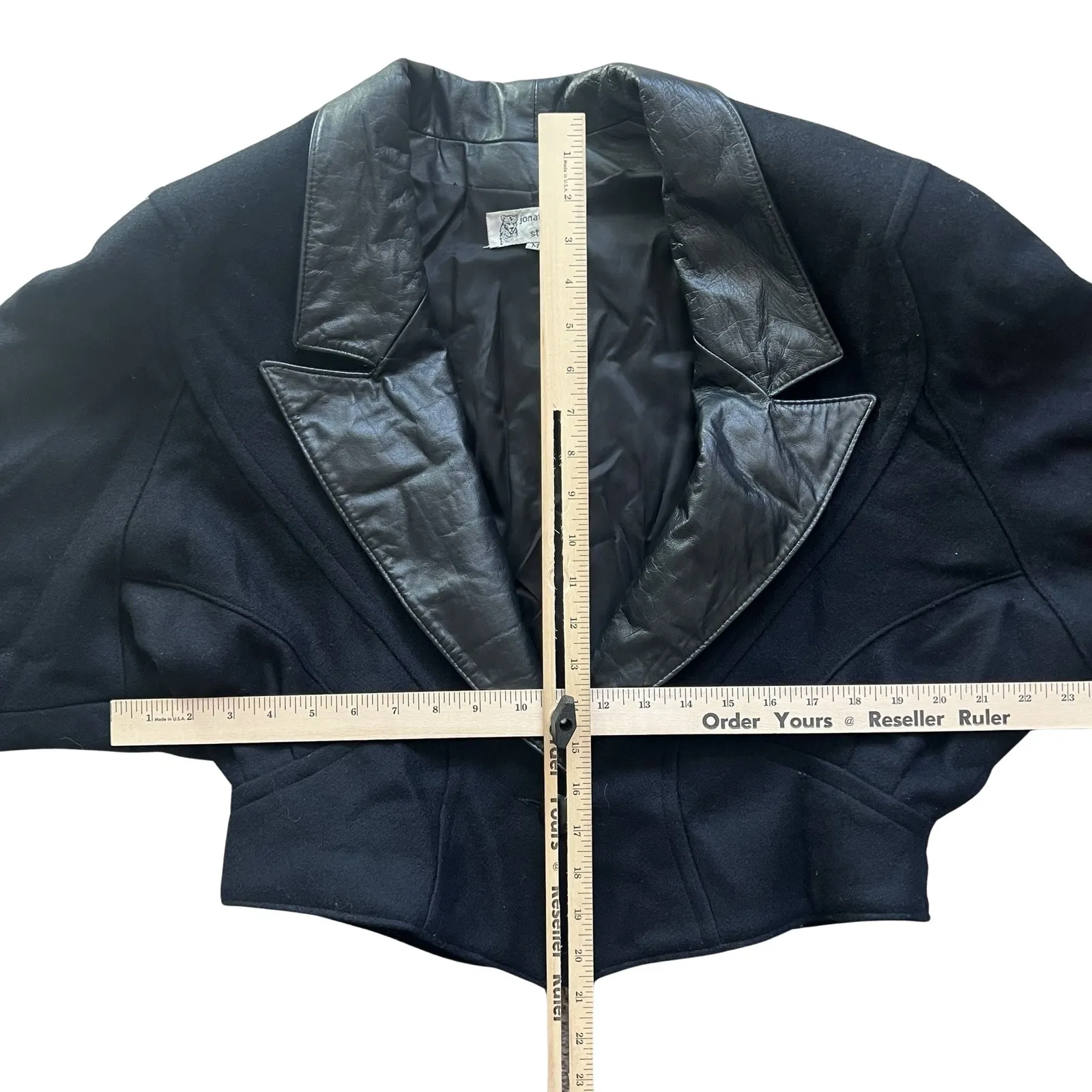 Vintage 80s Black Wool Short Coat Leather Trim Jacket size M Jonathan Stevens Size M - Image 8