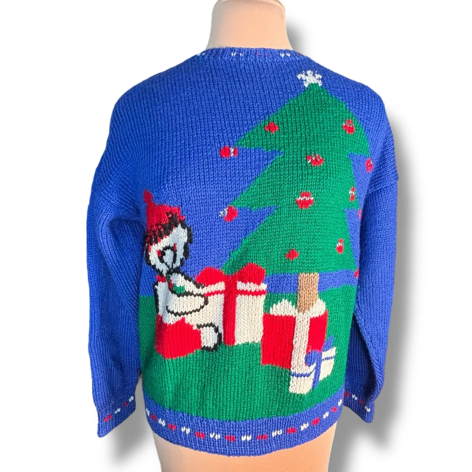 Vintage 90s Allen Solly Wool Christmas Sweater Tree Gifts Santa Hat Blue Large - Image 2