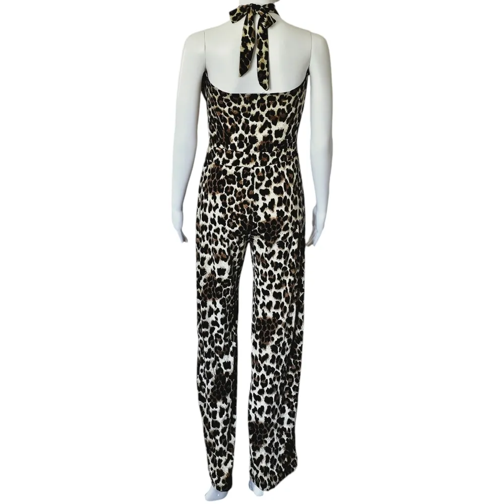 Charlotte Russe Leopard Print Halter Neck Sleeveless Knit Jumpsuit Size Large - Image 5