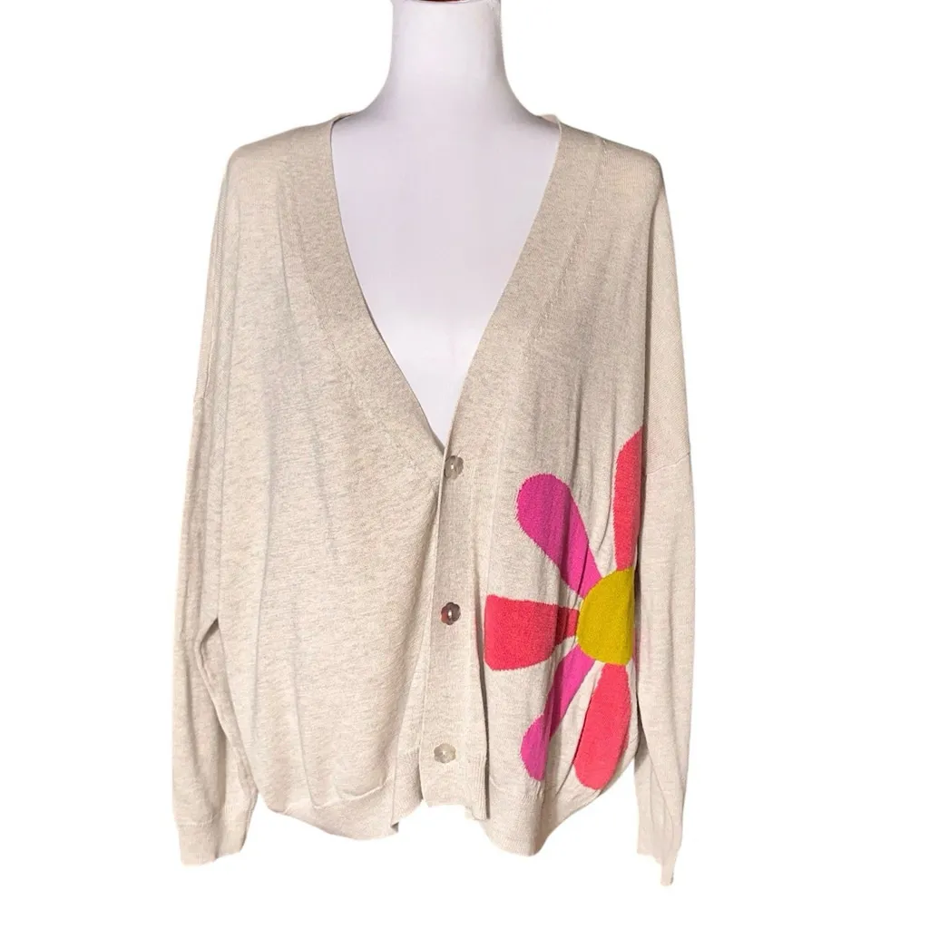 Natural Life NWOT Happy Flower Cardigan Sweater 100% Cotton Heathered Beige XS/S - Image 2