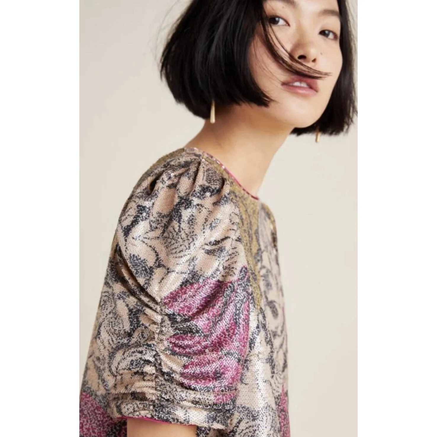 Anthropologie Sequin Floral Puff Sleeve Blouse Top Metallic Holiday Party US 10 - Image 2