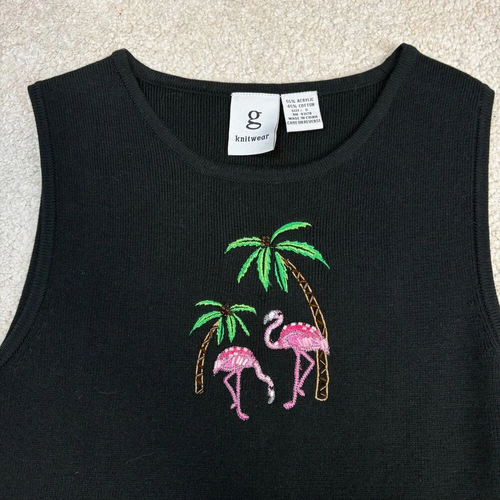 G Knitwear Vintage Embroidered Flamingo Palm Trees Knit Top Size S Black - Image 2