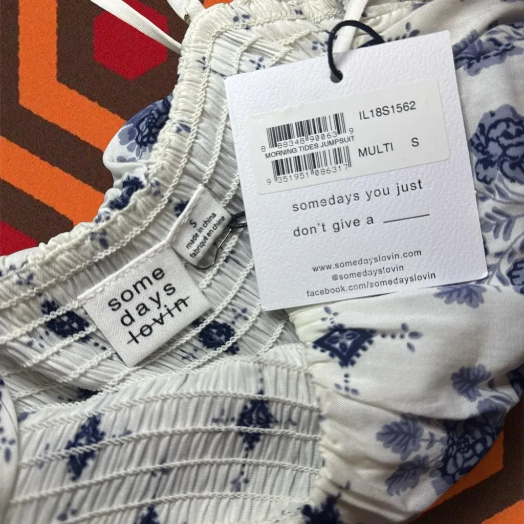 NWT Somedays Lovin Morning Tides Blue & White Wide Leg Flowy Jumpsuit — SMALL - Image 2