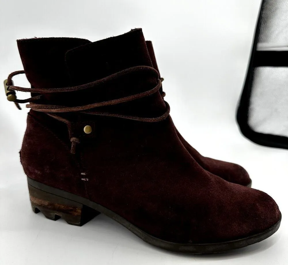 Sorel Farah Short Waterproof Ankle Boots Tasseled Tie Suede Heeled Redwood 8 - Image 3