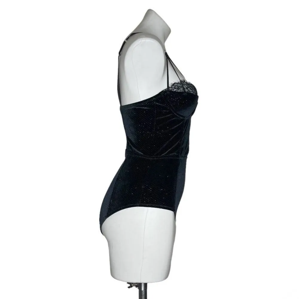 ASOS Navy Bodysuit Sparkly Velvet Lace Strappy Padded Underwire Bra Size 34 C - Image 3