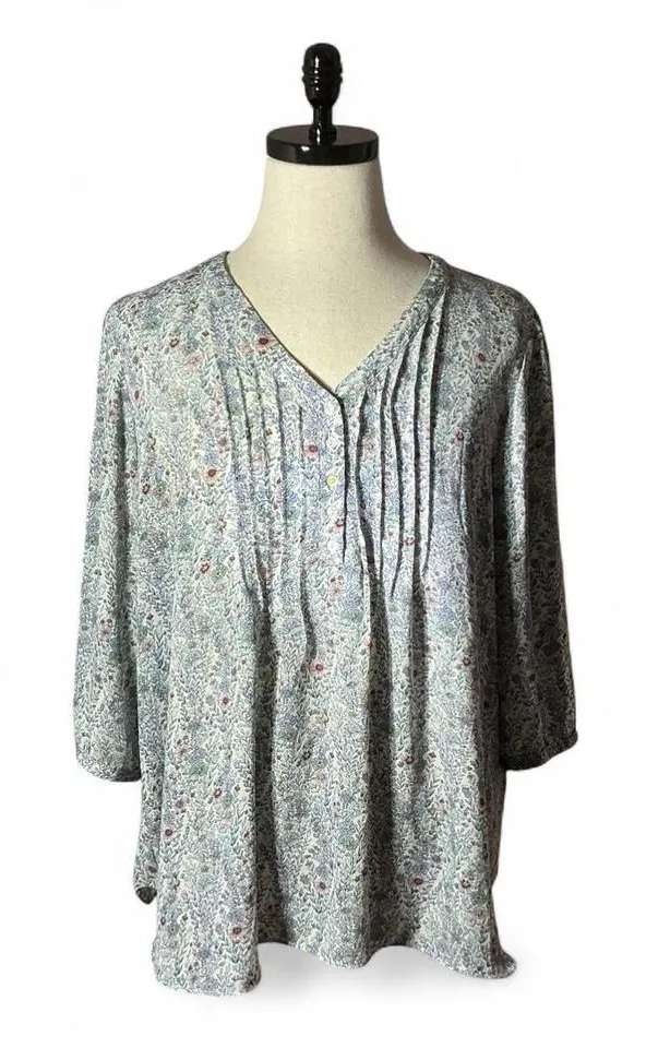 Rose Olive Floral Print V Neck Pintuck Tunic Top Women's Plus Size 2X Boho - Image 1