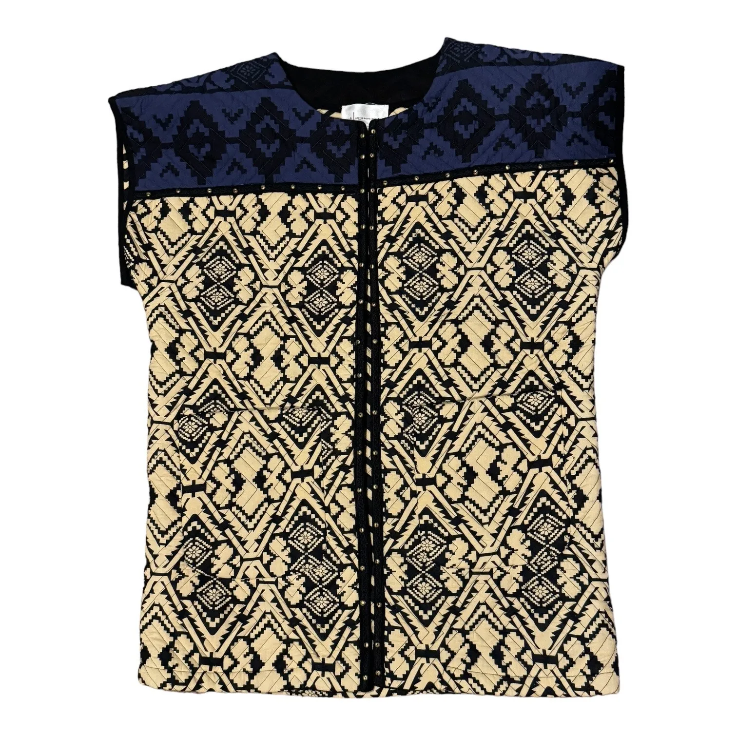 Anthropologie Simona Quilted Vest round neck navy & tan colorblock size medium - Image 3