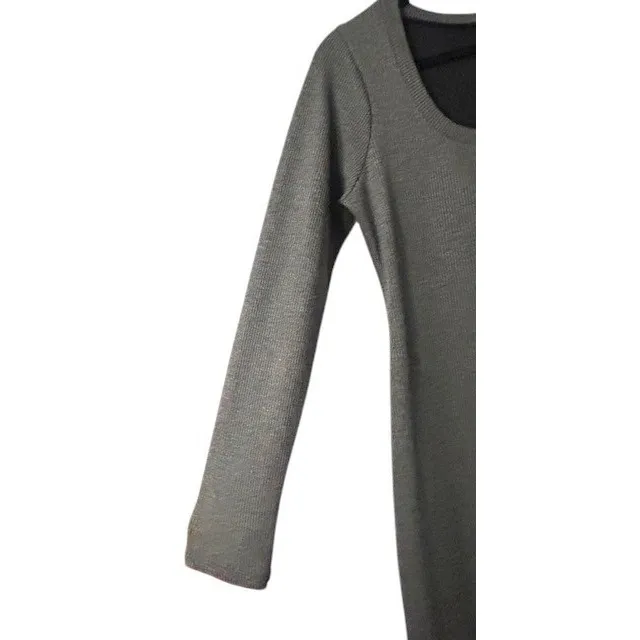 Gray Knit Midi Dress L Long Sleeve Ribbed Button Front Soft Goth Minimalist Cozy - Image 8