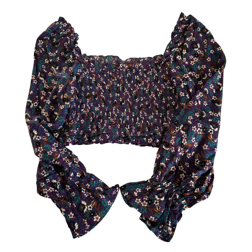 Band of the Free Agathe Purple Boho Floral Print Smocked Long Sleeve Top Medium - Image 8