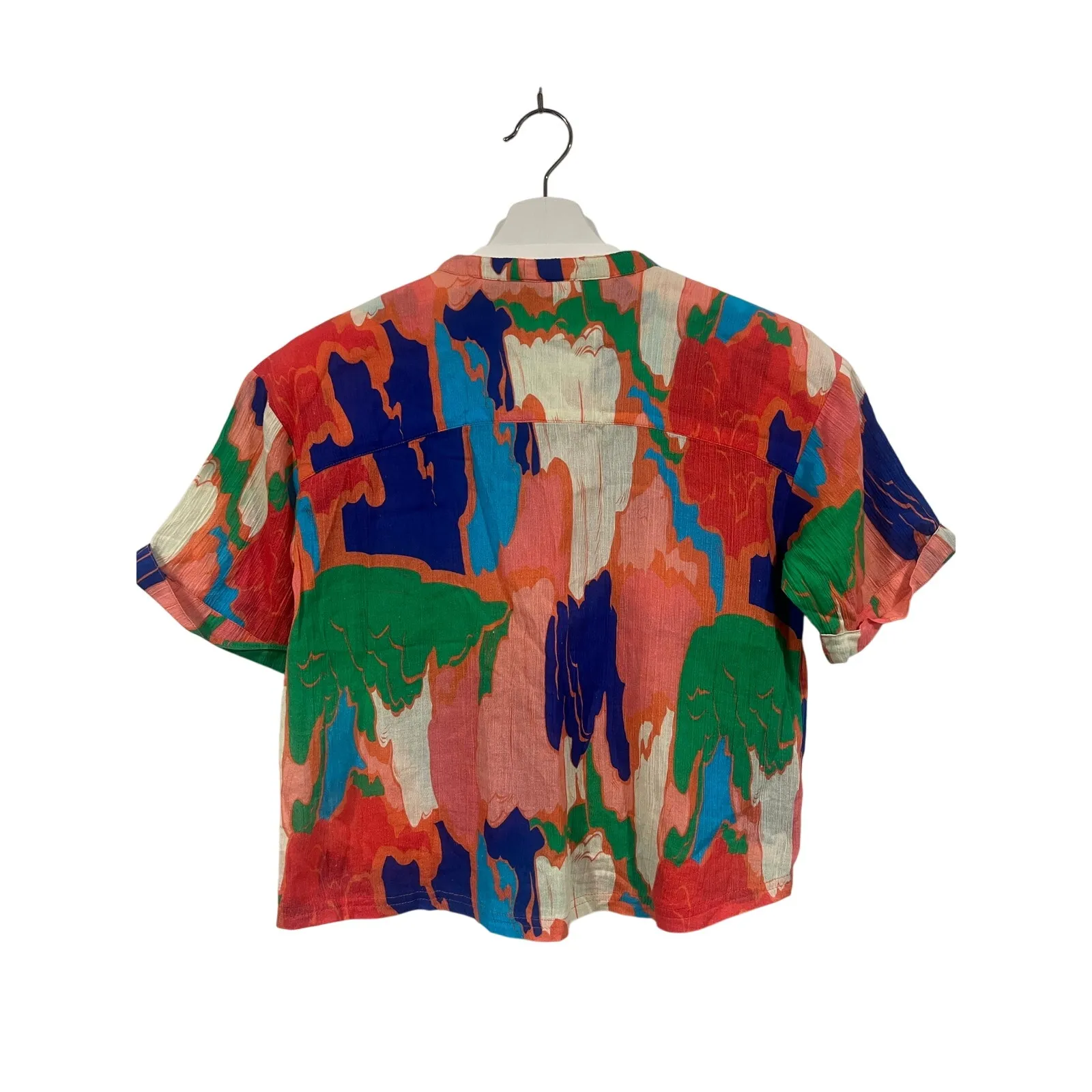 Women’s Funky Crinkly Cotton Colorful Cropped Blouse Summer Vacation Quirky S Pink - Image 4