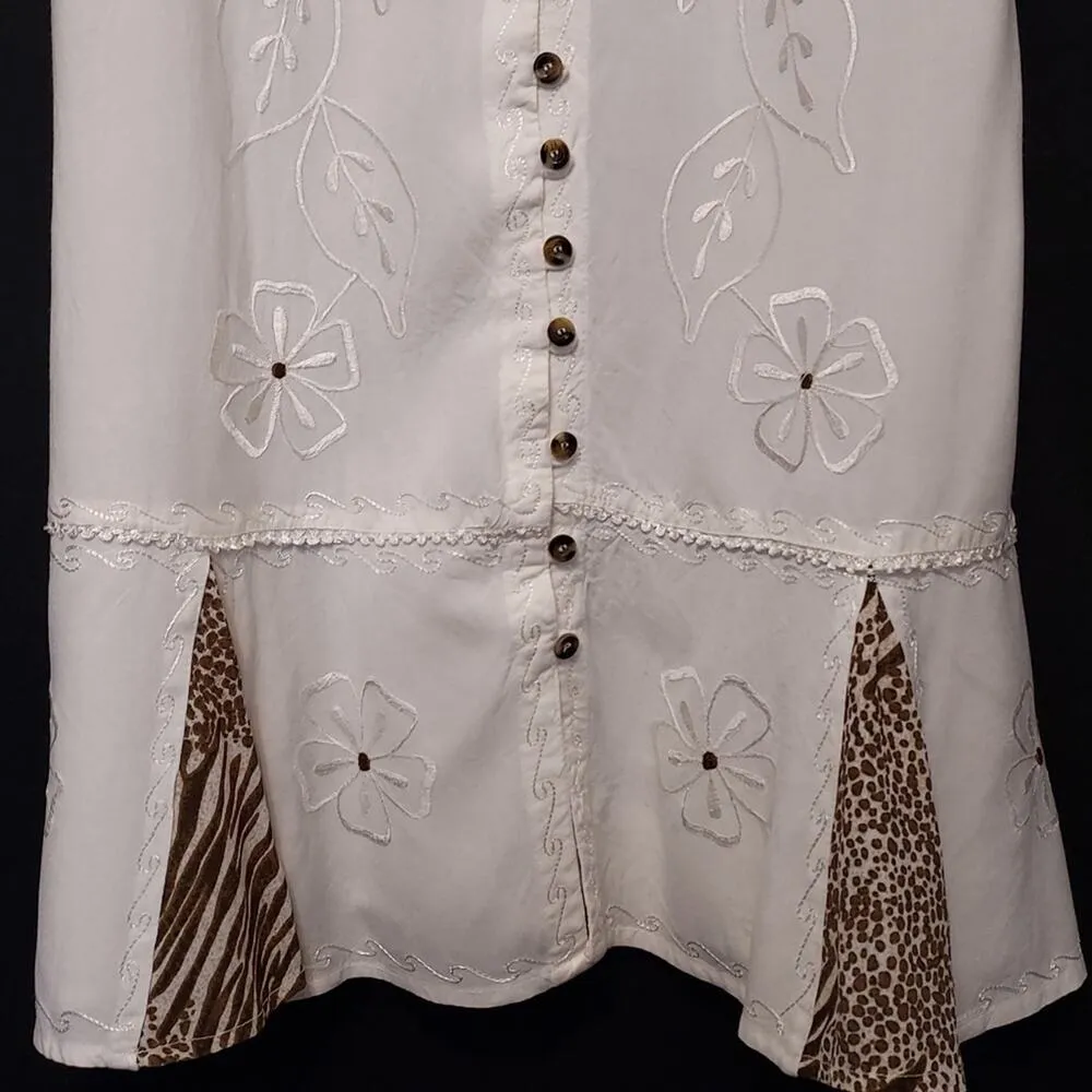 Raya Sun White Brown Button Front Floral Embroidery Animal Print Mini Swim Dress - Image 3