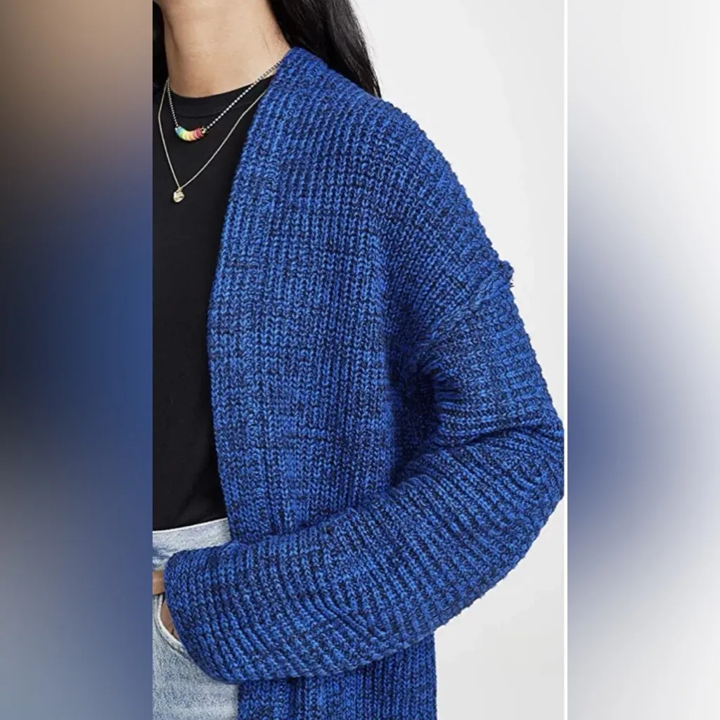 Free People High Hopes‎ Chunky Knit Open Front Cardigan in Blue Combo Size Large - Image 5