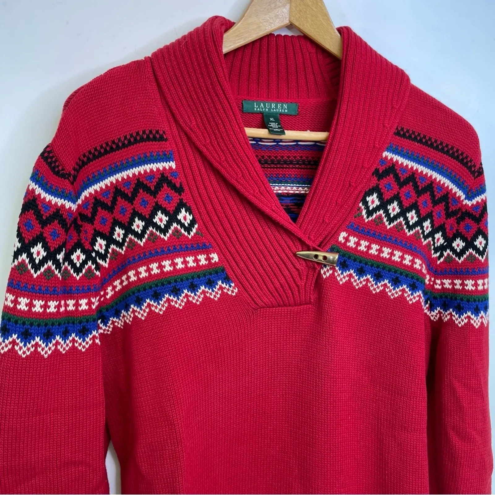 Ralph Lauren Nordic Sweater XL Red Blue NWT V Neck Cotton Long Sleeve NEW - Image 9