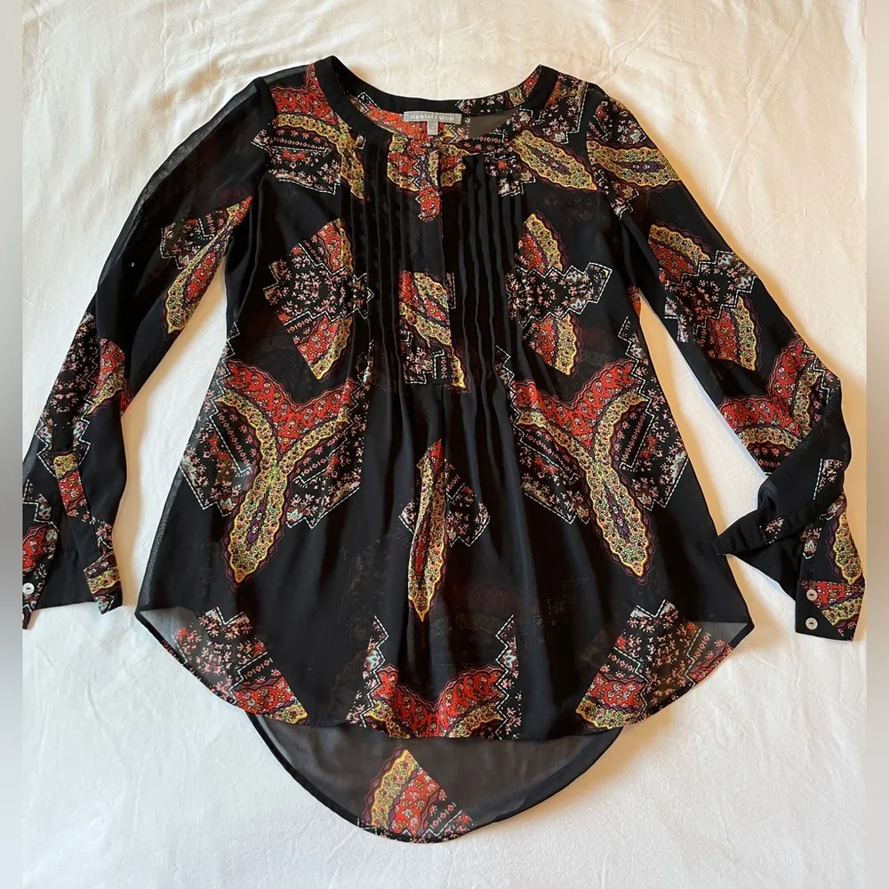 Daniel Rainn Split Neck Long Sleeve Sheer Tunic Blouse Black Scarf Print Size M - Image 5