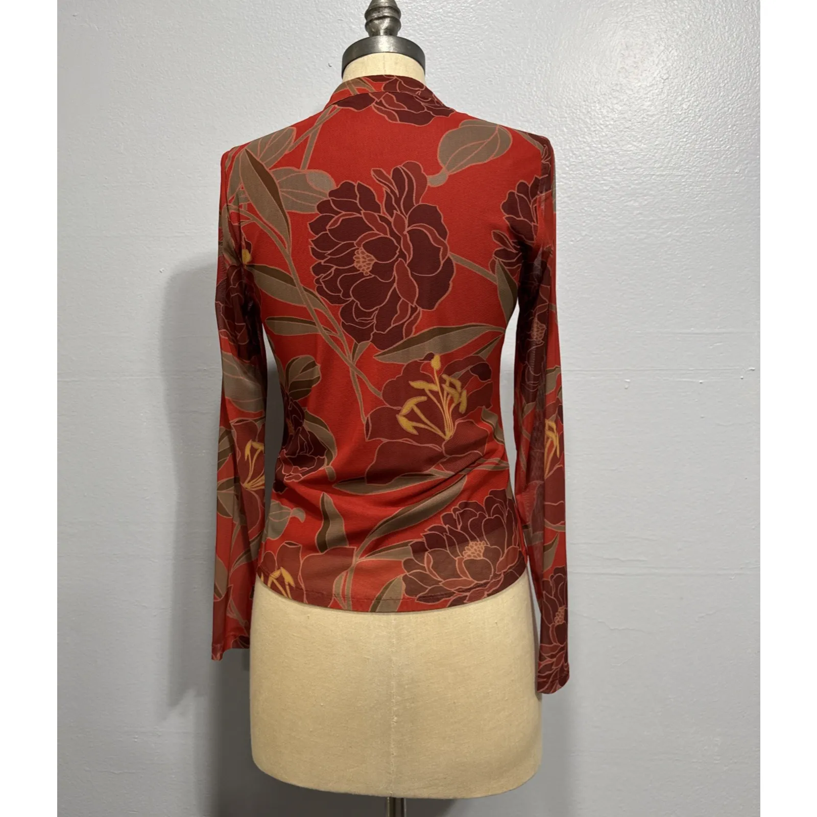 DR2 Daniel Rainn Floral Print Blouse Rushed Long Sleeve Top Small Orange Brown - Image 2