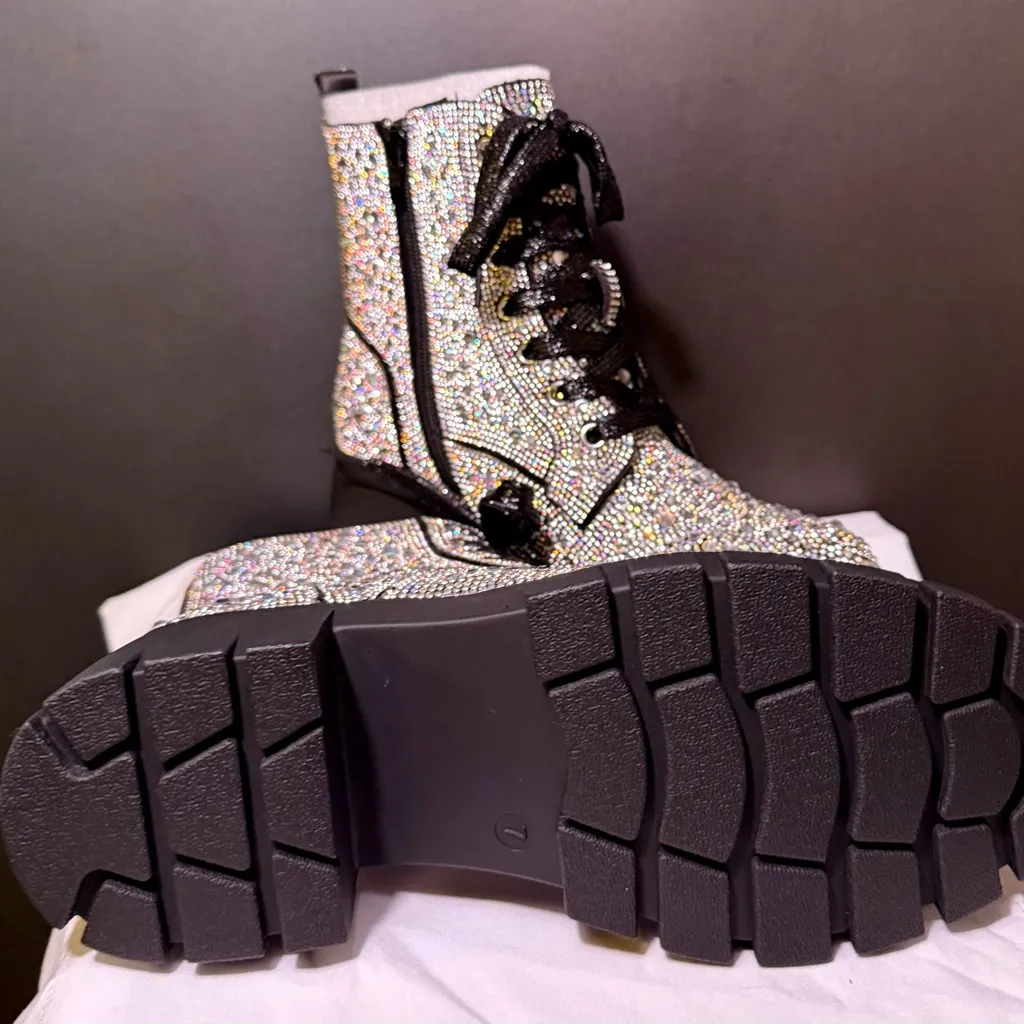 Hey Girl by Corkys Rhinestone Combat Boots Lug Sole Bling Ankle Boots Silver Size 7 - Image 4