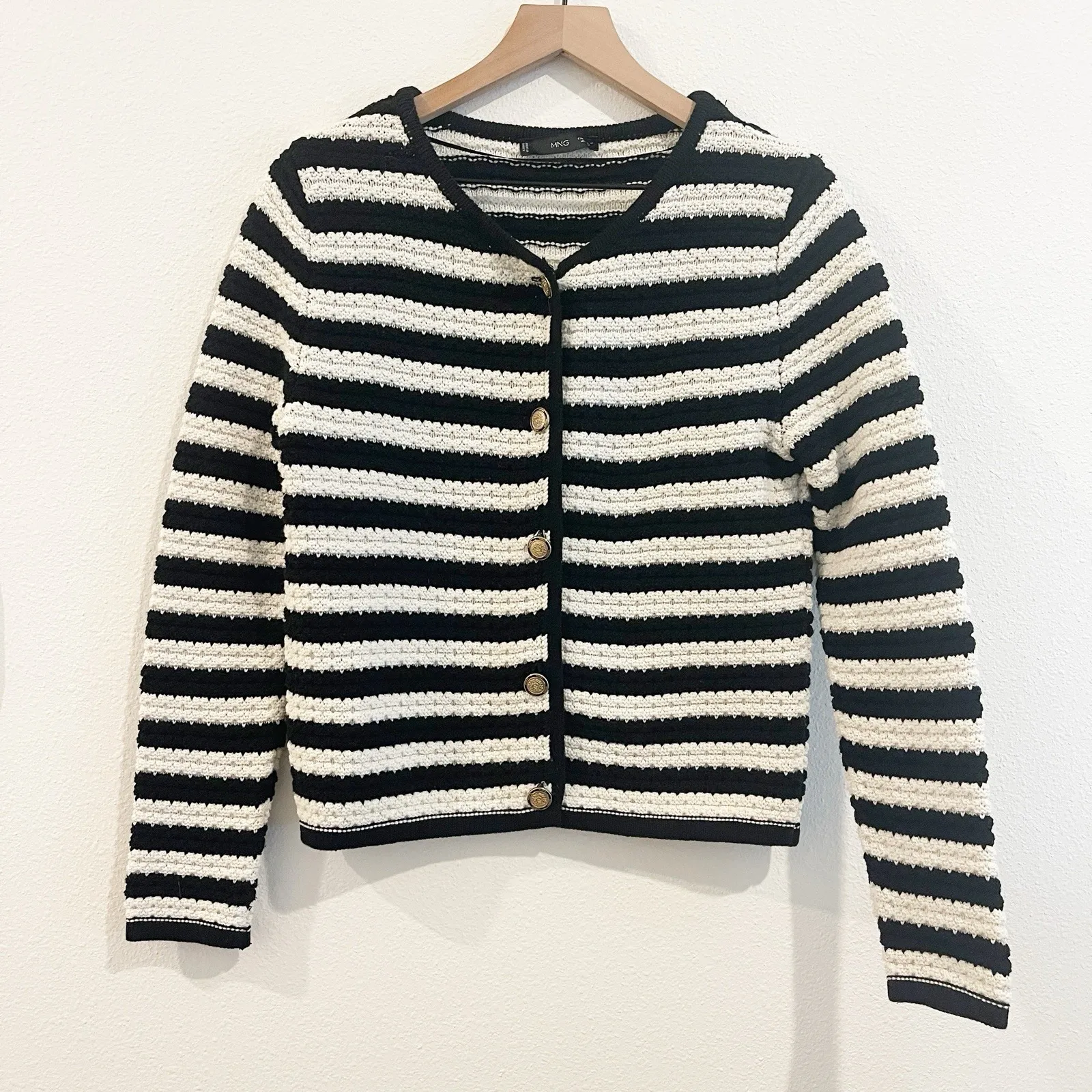 Mango Sweater Women Medium Knit Black White Striped Cardigan Academia Cottage - Image 3