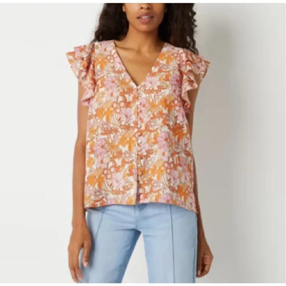 NWT Ryegrass Floral Ruffle Sleeve Button Down Blouse Orange Size L - Image 2