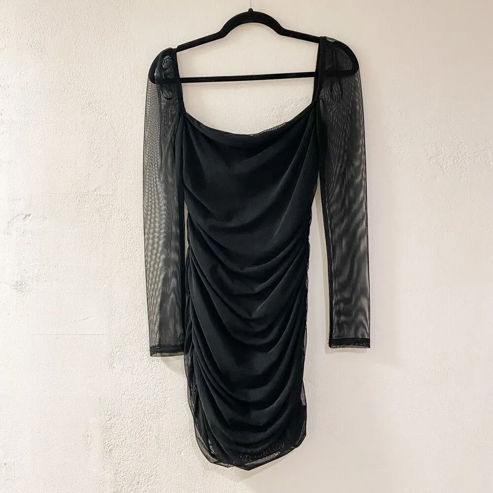 Princess Polly Charvi Sheer Long Sleeve Ruched Minidress in Black Size 8 - Image 3