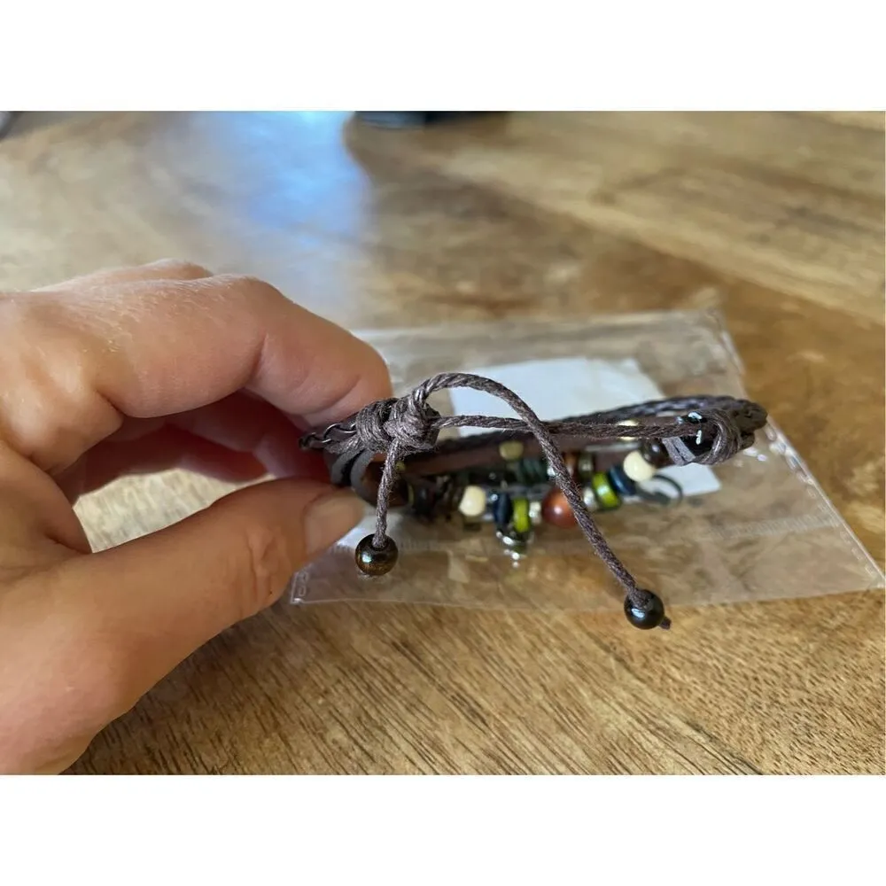 Handmade Hippie Design Brown Leather Bracelet Women Metal Star Note Chars Wood B Black - Image 3