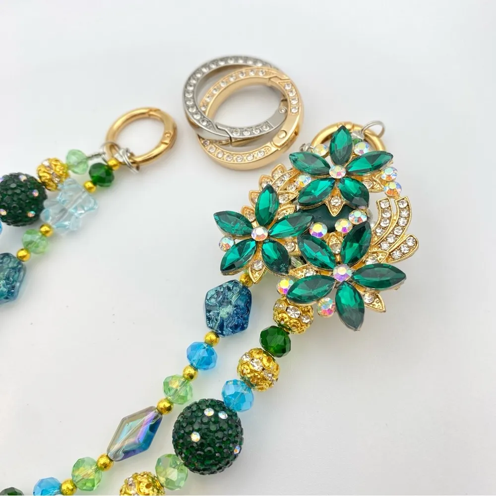 💚Luxury Bag/Phone Chain Charm/Keychain Emerald Green Flowers Bling Crystal Beads - Image 8
