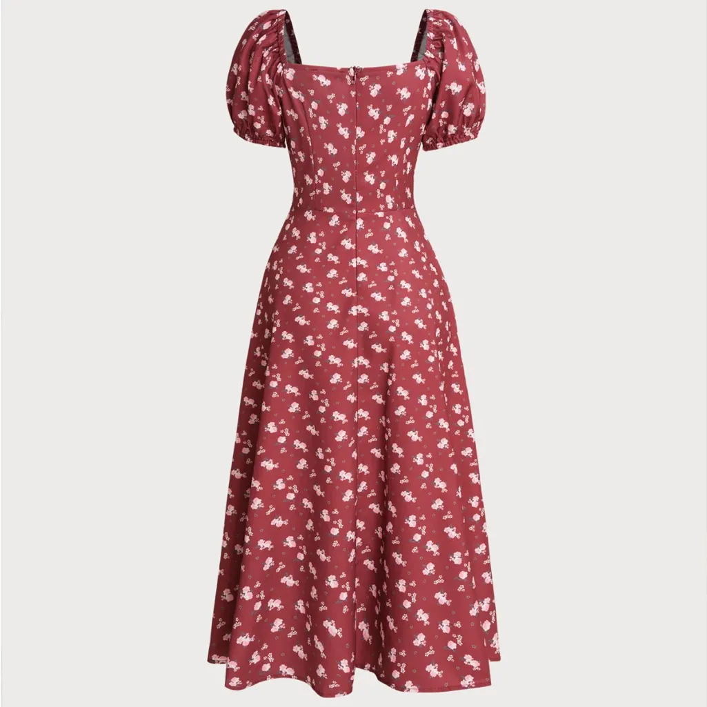 Rihoas Wine Red Floral Square Neck Puffed Sleeve Midi Dress - Image 7