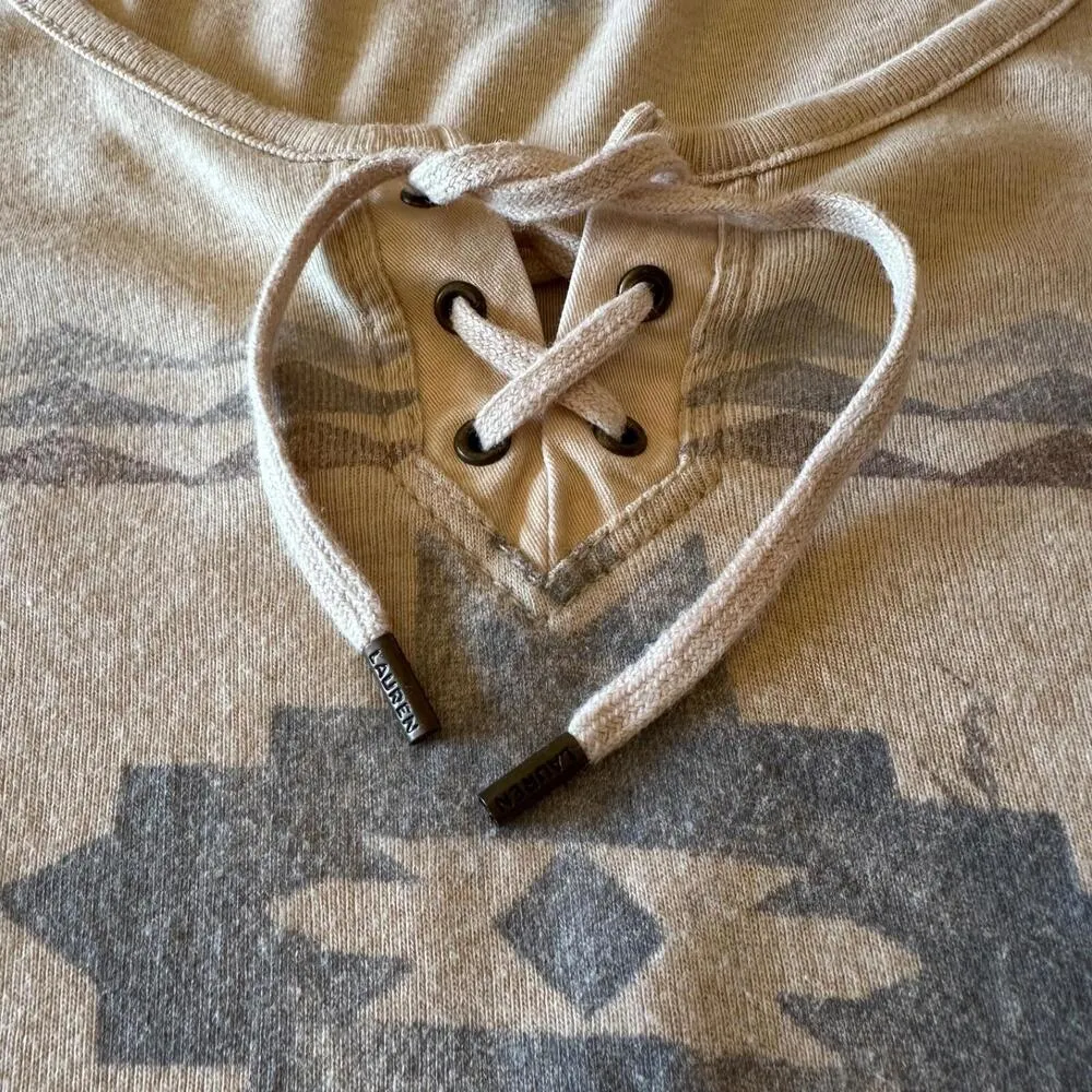 Lauren Ralph Lauren Southwestern Aztec Tribal Pattern Cotton Top Beige Medium - Image 4