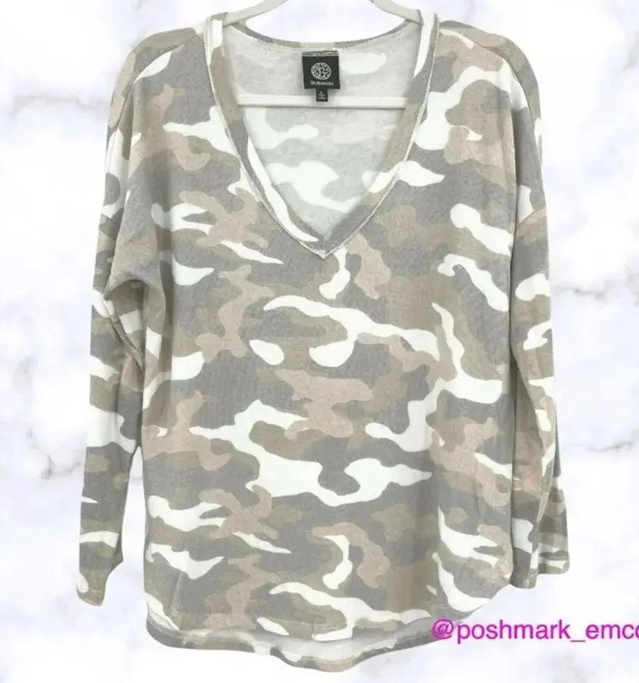 Bobeau Soft Camo Print V-Neck Sweater Top Long Sleeve Blouse Shirt Knit Cream XS - Image 3
