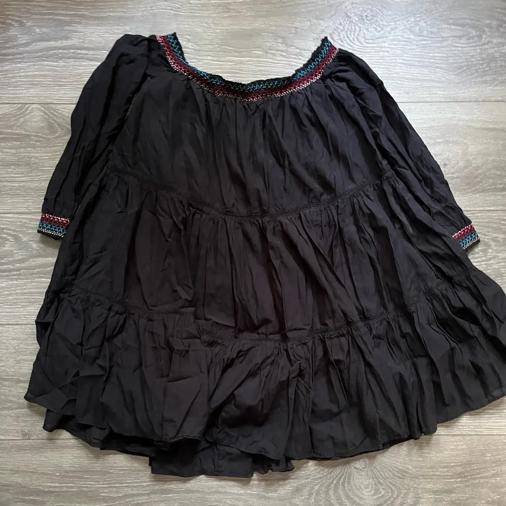 Free People Black Sunbeam Floral Embroidered Tiered Off Shoulder Mini Dress M - Image 2