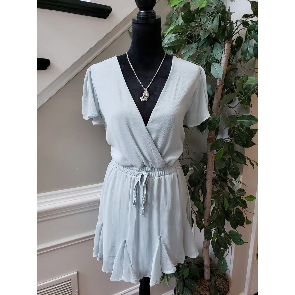 Altar'd State Knee Length Dress Womens L Blue Polyester Ruffle Surplice V Neck - Image 2