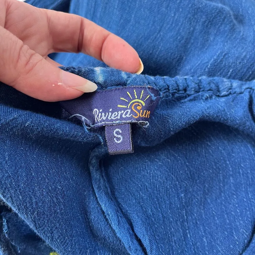 Riviera Sun Embroidered Denim Maxi Dress Sz S Festival Pom Poms Hanky Hem Boho Blue - Image 10