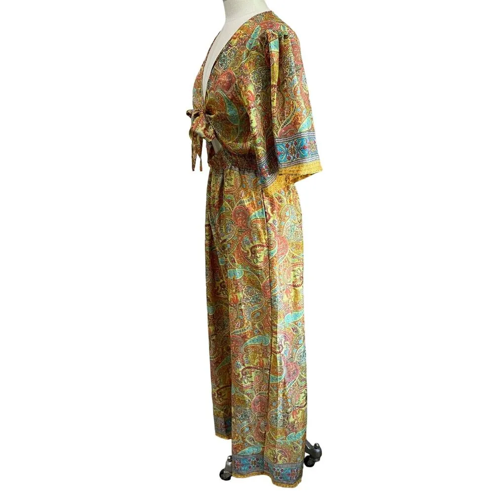 Zury Bohemian Silk Blend Bell Sleeve And Wide Leg Front Tie Jumpsuit Size M Yellow Size M - Image 3
