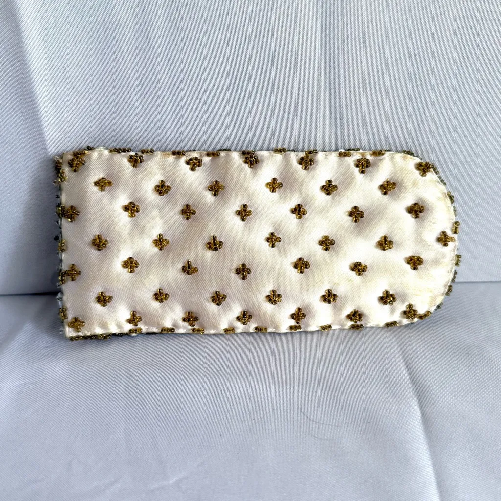 Vintage 60s Delill Ivory Beaded Sequins Satin Eyeglass Case Mid Century Glam Silver - Image 2