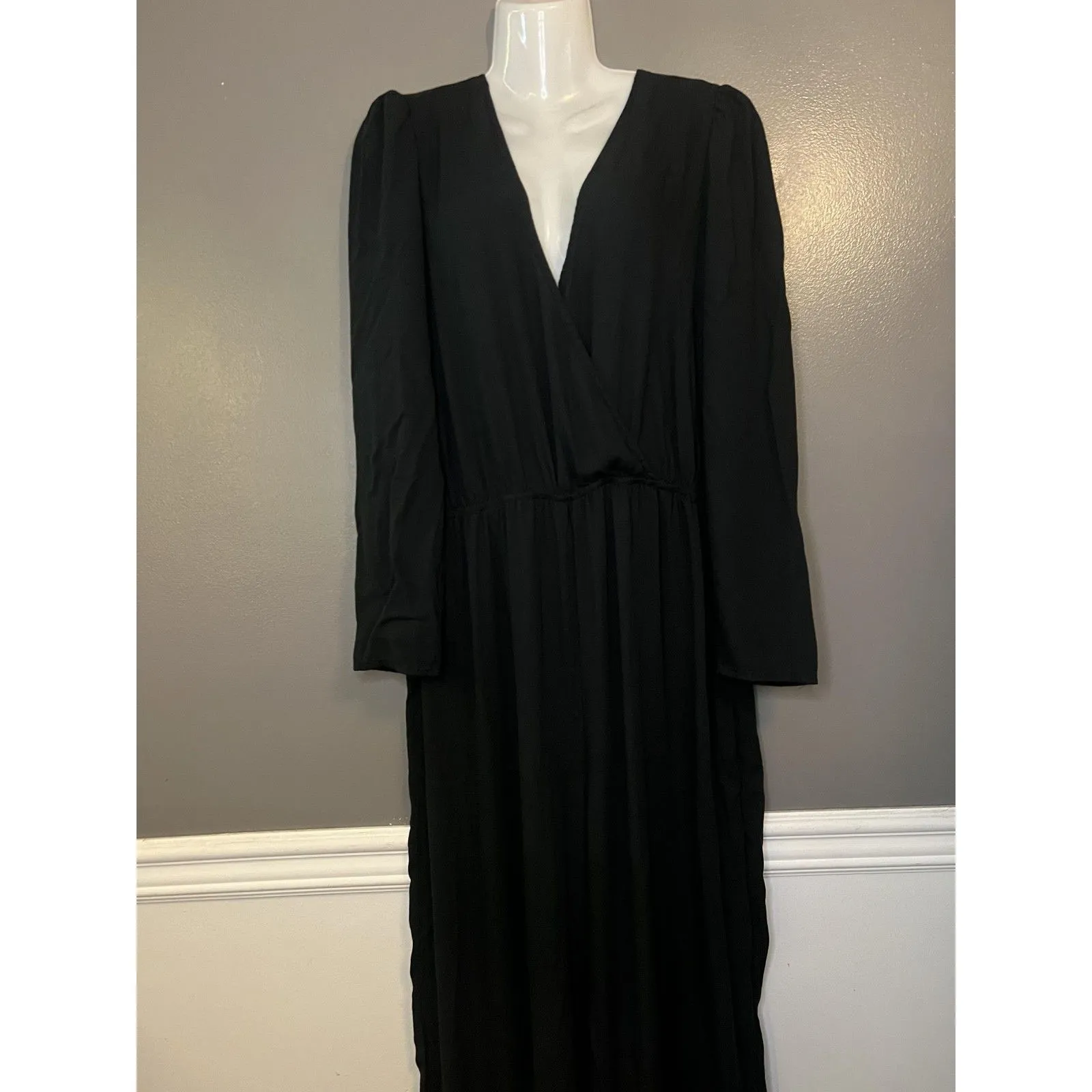 A New Day Jumpsuit Womens Large Black V Neck Wrap Front Long Sleeve Wide Leg - Image 2