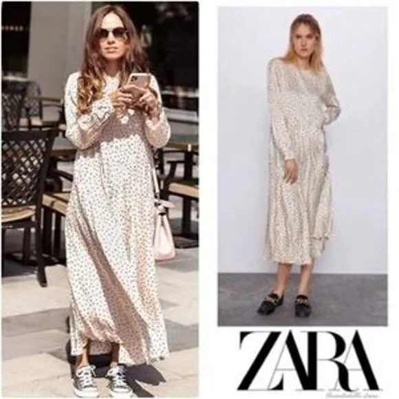 Zara Cream Polka Dot Print Long Sleeve Relaxed Shift Midi Dress Size XS - Image 2